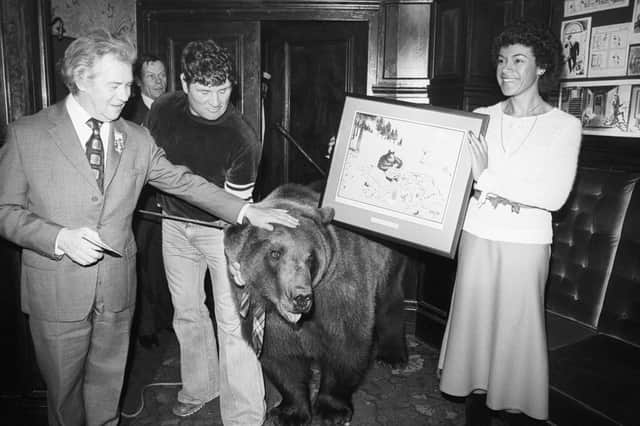 Hercules the bear, seen with owner Andy Robin, second from left, became the first honorary member of the Cartoonist's Club in 1980