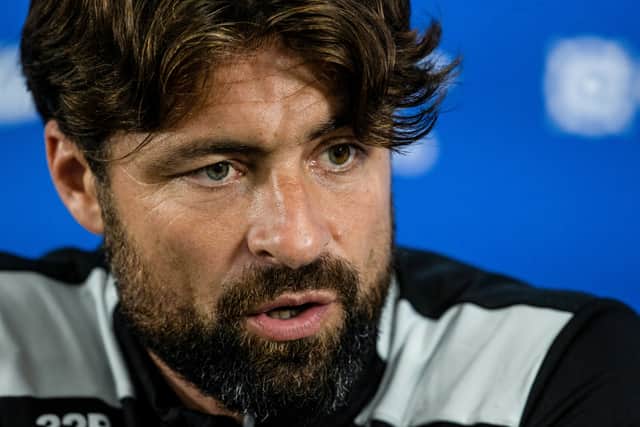 Head coach Russell Martin during a Rangers press conference ahead of the Champions League second qualifying round first leg tie against Panathinaikos. (Photo by Alan Harvey / SNS Group)