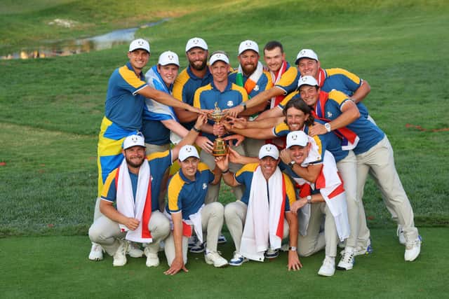 Luke Donald and his players celebrate winning the 2023 Ryder Cup at Marco Simone Golf Club in Rome