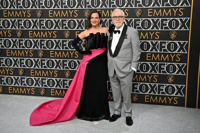 Brian Cox and his wife Nicole Ansari-Cox arrive for the 75th Emmy Awards in Los Angeles in 2024.