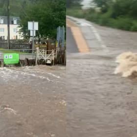 Floodwater gushes onto track at Achanalt station.