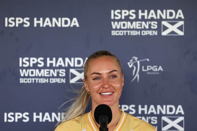Charley Hull speaks to the media prior to the ISPS HANDA Women's Scottish Open at Dundonald Links