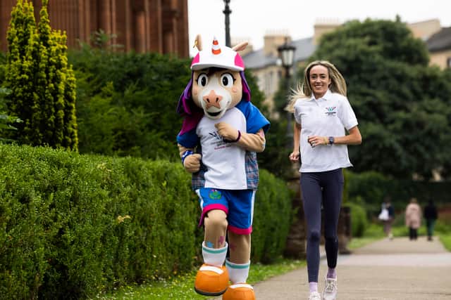 Eilish McColgan and Finnie the Unicorn during a Glasgow 2026 Commonwealth Games photocall at Kelvingrove Art Gallery. (Photo by Craig Foy / SNS Group)