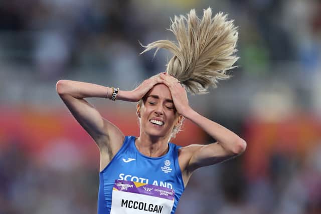 Eilish McColgan celebrates winning gold in the 10,000m at the Birmingham 2022 Commonwealth Games at Alexander Stadium.