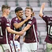 Claudio Braga (second from left) celebrates with James Wilson, Adam Forrester and Blair Spittal after making it 4-0 to Hearts over Dumbarton at Tynecastle. (Photo by Paul Devlin / SNS Group)