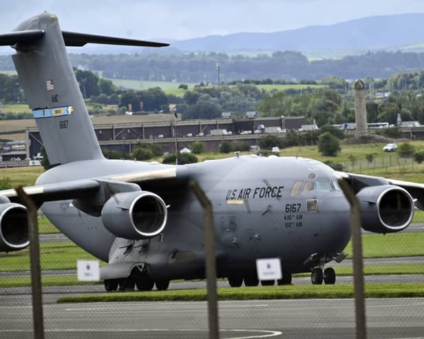 An American C-17 at Prestwick Airport as preparations take place for President Donald Trump's upcoming Scotland visit 