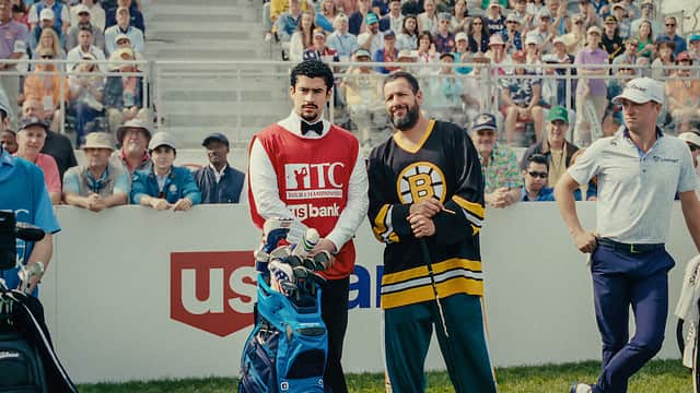 Bad Bunny (L) and Adam Sandler (R) in Happy Gilmore 2