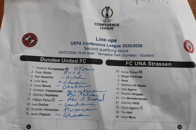 The now famous team sheet from Dundee United's Conference League against UNA Strassen
