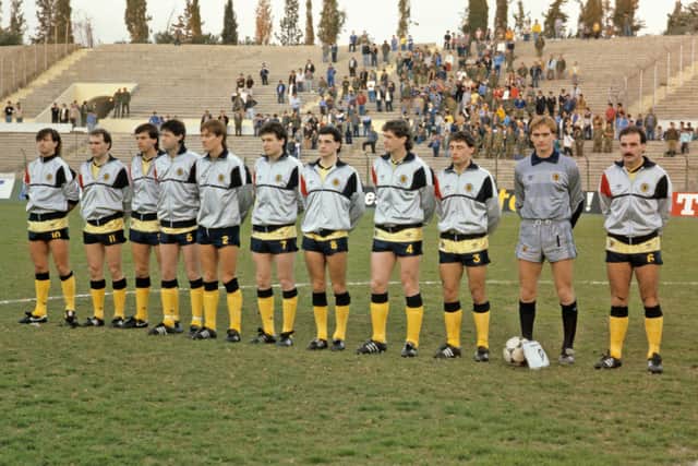 The Scotland team line up before a match against Israel in 1986, including four Dundee Utd players: (L-R) Charlie Nicholas , Eamon Bannon , Graeme Sharp , David Narey , Richard Gough , Jim Bett , Paul McStay , Roy Aitken , Maurice Malpas , Jim Leighton and Willie Miller.