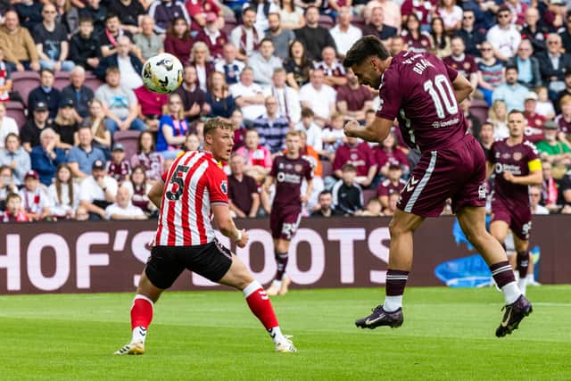Claudio Braga heads home the opening goal in Hearts' 2-0 win over Sunderland at Tynecastle on Saturday.