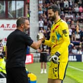 Hearts' Craig Gordon (R) and head coach Derek McInnes (L) shakes the hand of Craig Gordon following his testimonial game against Sunderland.