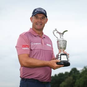 Padraig Harrington shows off the trophy after winning the ISPS HANDA Senior Open at Sunningdale