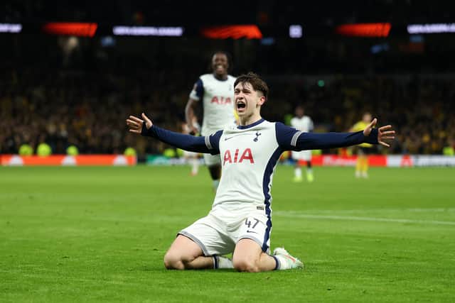 Rangers target Mikey Moore celebrates scoring Tottenham's third goal against IF Elfsborg in a 3-0 Europa League win last season. (Photo by Richard Pelham/Getty Images)