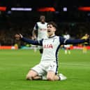 Rangers target Mikey Moore celebrates scoring Tottenham's third goal against IF Elfsborg in a 3-0 Europa League win last season. (Photo by Richard Pelham/Getty Images)