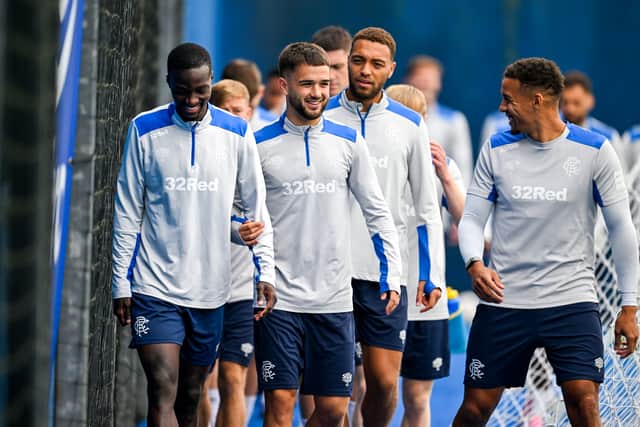 From left: Mohamed Diomande, Nicolas Raskin, Cyriel Dessers and James Tavernier arrive for a Rangers training session on Tuesday. (Photo by Rob Casey / SNS Group)