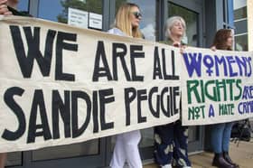 Supporters of nurse Sandie Peggie protest outside the employment tribunal hearings in Dundee. Picture: Lisa Ferguson.