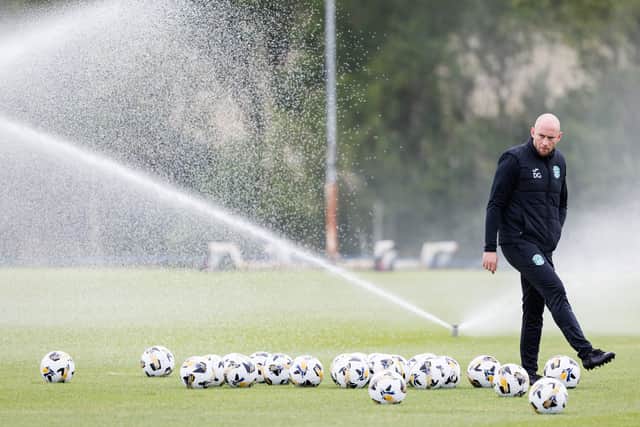 Hibs head coach David Gray takes training ahead of Thursday's match with Midtjylland.