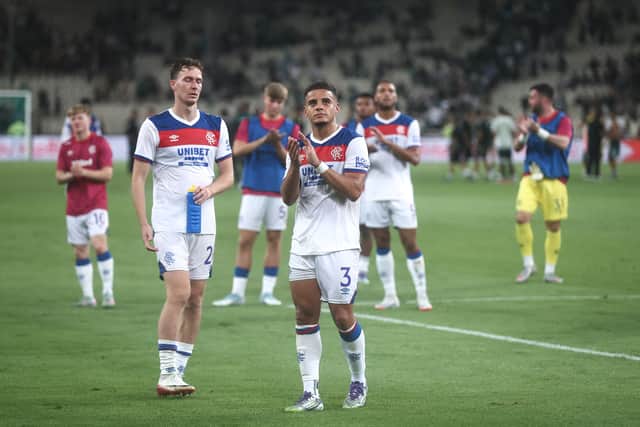 Max Aarons takes the applause for the Rangers fans after they overcame Panathinaikos.