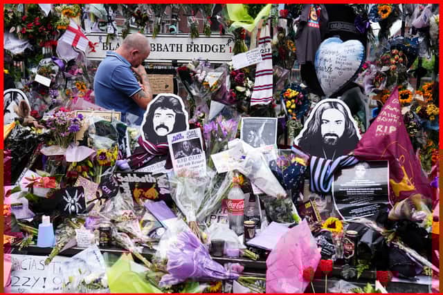 A man observes floral tributes that are left on the Black Sabbath Bridge bench on Broad Street in Birmingham, following the death of Black Sabbath frontman Ozzy Osbourne aged 76. Picture: Jacob King/PA Wire