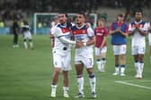 Rangers Max Aarons celebrates with Joe Rothwell, following the 1-1 draw with Panathinaikos in Athens. Cr: Getty Images.
