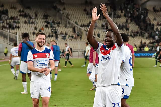 Rangers' Djeidi Gassama celebrates after the Champions League second qualifying round second leg against Panathinaikos in Athens.