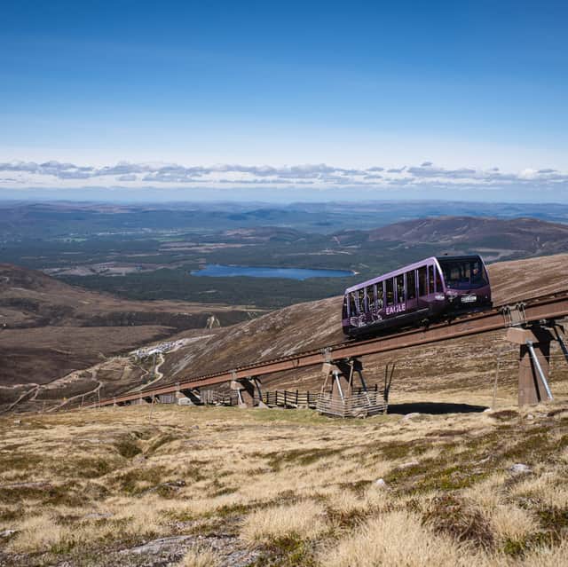 The funicular train climbs Cairn Gorm.