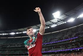 Blair Kinghorn of the British & Irish Lions celebrates victory following the second Test of the series against Australia at the Melbourne Cricket Ground.