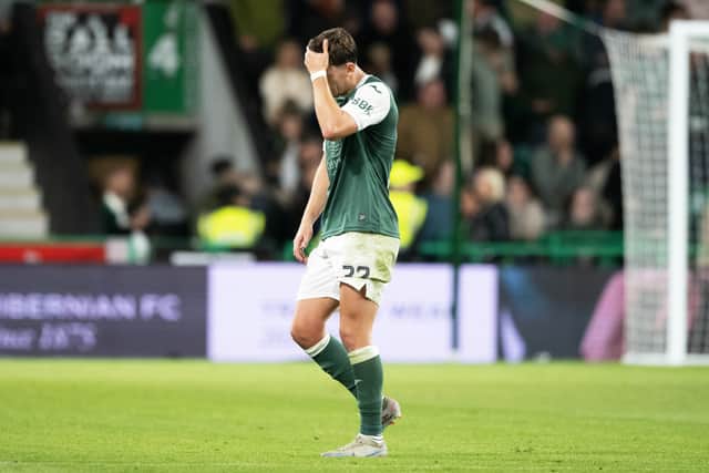 Hibs' Josh Campbell is dejected after the Europa League second qualifying round defeat to FC Midtjylland at Easter Road. (Photo by Paul Devlin / SNS Group)