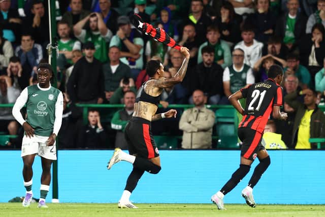 Midtjylland's Junior Brumado celebrates after scoring a last-minute extra-time overhead kick to seal a 3-2 aggregate win over Hibs in the Europa League second qualifying round second leg at Easter Road. (Photo by Ewan Bootman / SNS Group)