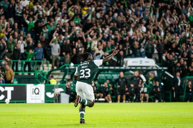 Hibs' Rocky Bushiri celebrates after scoring to make it 1-1 during a Europa League second qualifying round second Leg match against FC Midtjylland at Easter Road. (Photo by Paul Devlin / SNS Group)