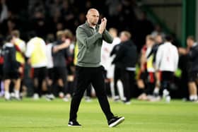 Hibs head coach David Gray at full-time following the Europa League second qualifying round defeat to FC Midtjylland at Easter Road. (Photo by Paul Devlin / SNS Group)