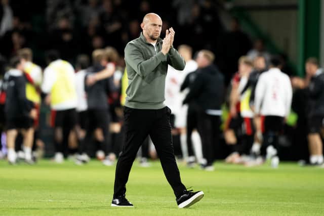 Hibs head coach David Gray at full-time following the Europa League second qualifying round defeat to FC Midtjylland at Easter Road. (Photo by Paul Devlin / SNS Group)