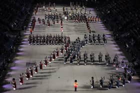 The Massed Pipes and Drums perform during the 75th Royal Military Tattoo at Edinburgh Castle.