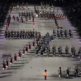 The Massed Pipes and Drums perform during the 75th Royal Military Tattoo at Edinburgh Castle.