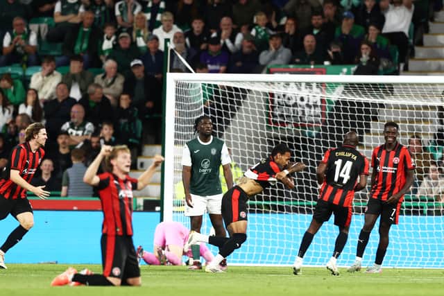 Midtjylland celebrate their winning goal at Easter Road.