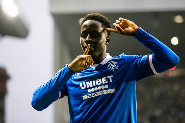 New Rangers signing Djeidi Gassama celebrates scoring to make it 2-0 over Panathinaikos at Ibrox. (Photo by Craig Williamson / SNS Group)