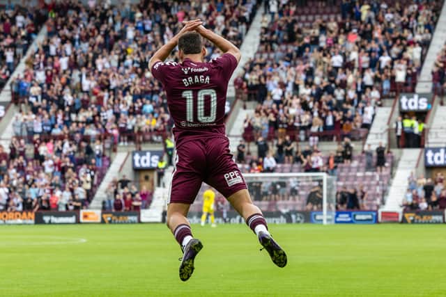 Hearts' Claudio Braga mimicks Cristiano Ronaldo's goal celebration after scoring the opener against Sunderland in Craig Gordon's testimonial match at Tynecastle. (Photo by Mark Scates / SNS Group)