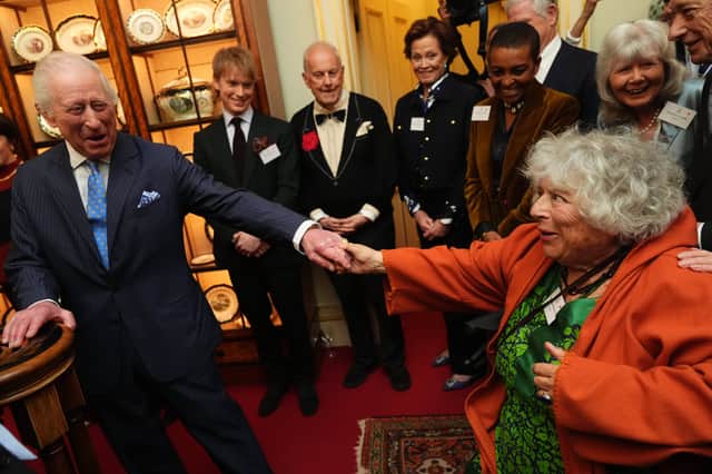 Miriam Margolyes with King Charles during a reception to mark the launch of the Queen's reading room medal at Clarence House in March 2025 in London.