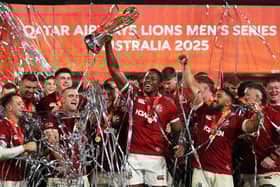 Maro Itoje of the British and Irish Lions lifts the trophy after the tourists defeated Australia 2-1 in the Test series.