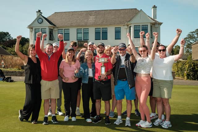 Murcar Links member Chris Somers celebrates with family and friends after winning the Scottish Men's Amateur Championship at Gullane 