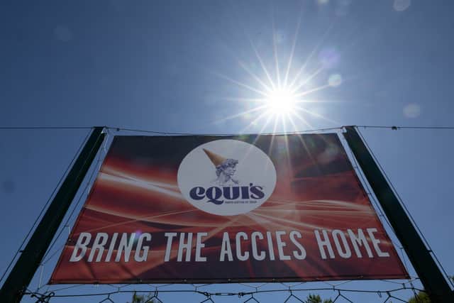 A banner reading 'Bring the Accies Home' is displayed outside New Douglas Park in Hamilton. (Photo by Craig Foy / SNS Group)