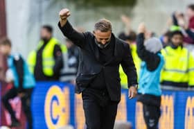 Hearts head coach Derek McInnes celebrates on the touchline during the 2-0 defeat of Aberdeen at Tynecastle. (Photo by Mark Scates / SNS Group)