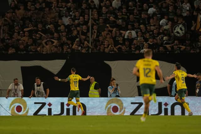 Martin Boyle celebrates scoring Hibs' opener against Partizan.