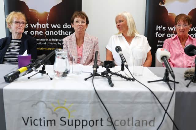 Murder victim Arlene Fraser's mother Isabelle Thompson, her sister Carol Gillies, murder victim Suzanne Pilley's sister Gail Fairgrieve and her mother Sylvia Pilley speak at an event about convicted murderers who refuse to disclose the location of their victim's remains (Picture: Jeff J Mitchell)