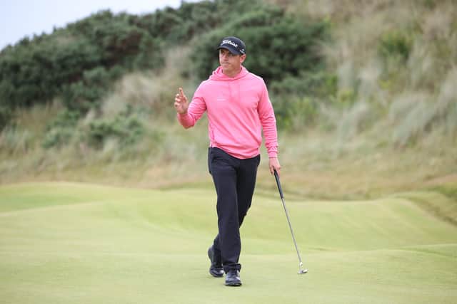 Grant Forrest acknowledges the crowd during the second round of the Nexo Championship at Trump International Golf Links in Balmedie