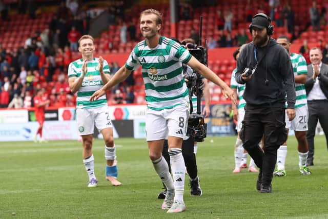 Benjamin Nygren scored his first Celtic goal at Aberdeen.