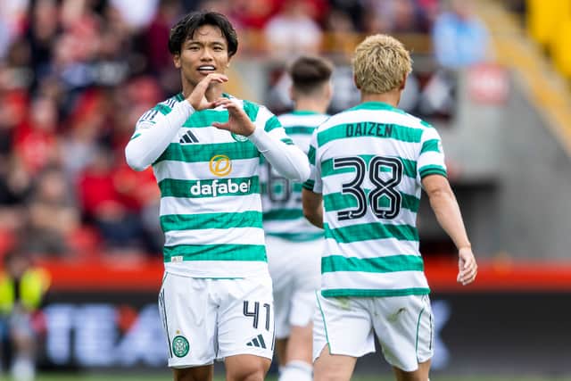 Reo Hatate celebrates his goal for Celtic against Aberdeen at Pittodrie.