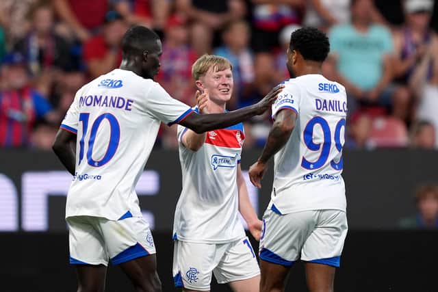 Lyall Cameron celebrates scoring Rangers’ equalising goal against Viktoria Plzen with teammates Mohamed Diomande and Danilo