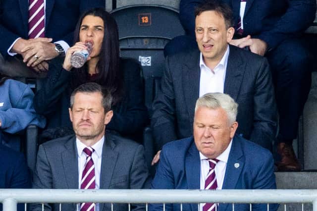 Hearts investor Tony Bloom (top right) watches the win over Dundee United at Tannadice Park. (Photo by Mark Scates / SNS Group)