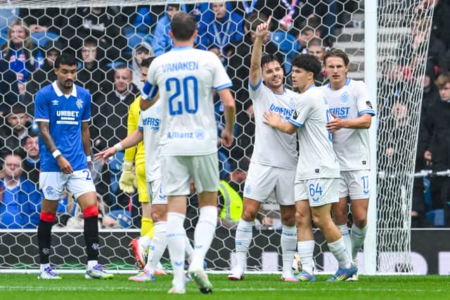Club Brugge's Hugo Vetlesen (centre) celebrates scoring to make it 1-0 during a pre-season friendly match against Rangers at Ibrox Stadium, on July 06, 2025, in Glasgow, Scotland. (Photo by Rob Casey / SNS Group)